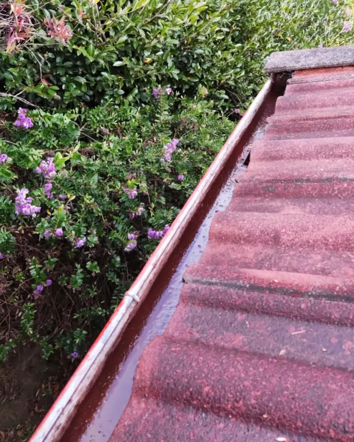 Gutter on a red tile roof after gutter cleaning, cleared of leaves